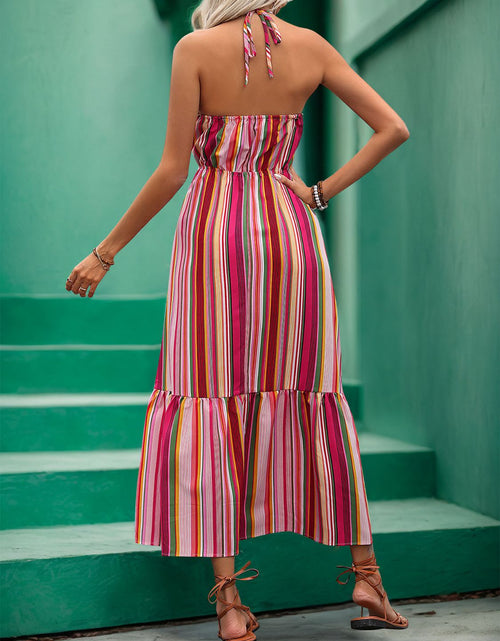 Load image into Gallery viewer, Perfee Lace Detail Striped Halter Neck Midi Dress

