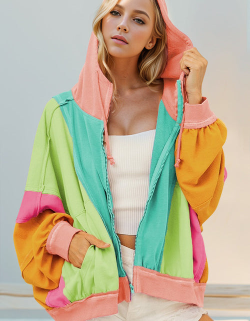 Load image into Gallery viewer, Double Take Full Size Color Block Zip Up Hoodie
