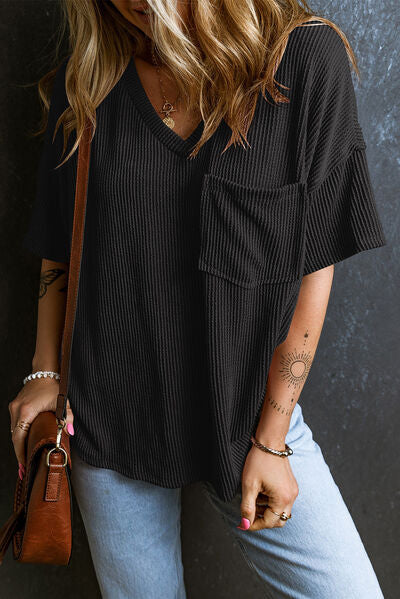 Load image into Gallery viewer, Textured V-Neck Dropped Shoulder T-Shirt
