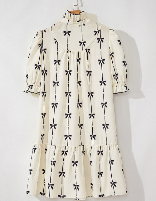 Load image into Gallery viewer, Frill Bow Print Notched Short Sleeve Mini Dress
