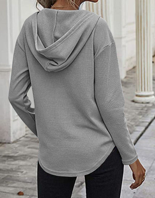 Load image into Gallery viewer, Drawstring Waffle Knit Long Sleeve Hooded Top
