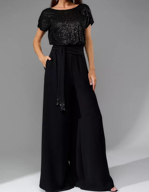 Load image into Gallery viewer, Full Size Sequin Round Neck Short Sleeve Wide Leg Jumpsuit
