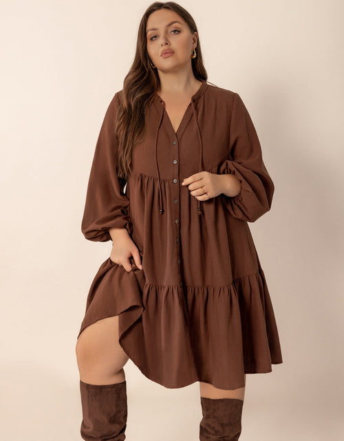 Load image into Gallery viewer, Plus Size Tie Neck Balloon Sleeve Tiered Dress

