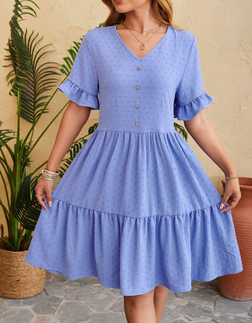 Load image into Gallery viewer, Swiss Dot Ruffled V-Neck Tiered Dress

