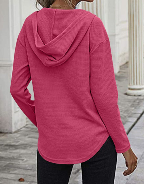 Load image into Gallery viewer, Drawstring Waffle Knit Long Sleeve Hooded Top
