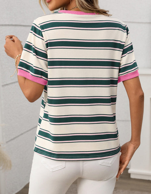 Load image into Gallery viewer, Contrast Striped Round Neck Short Sleeve T-Shirt
