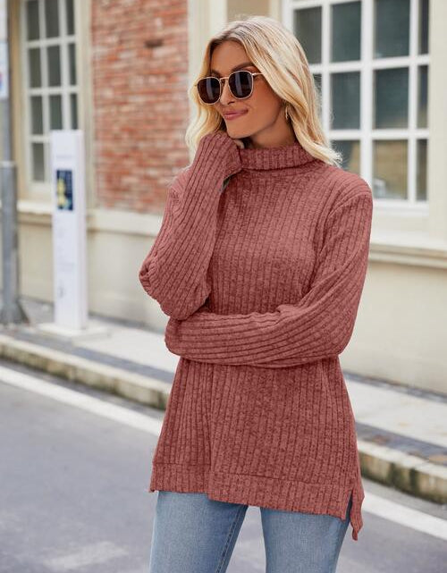 Load image into Gallery viewer, Ribbed Turtleneck Long Sleeve Slit Knit Top
