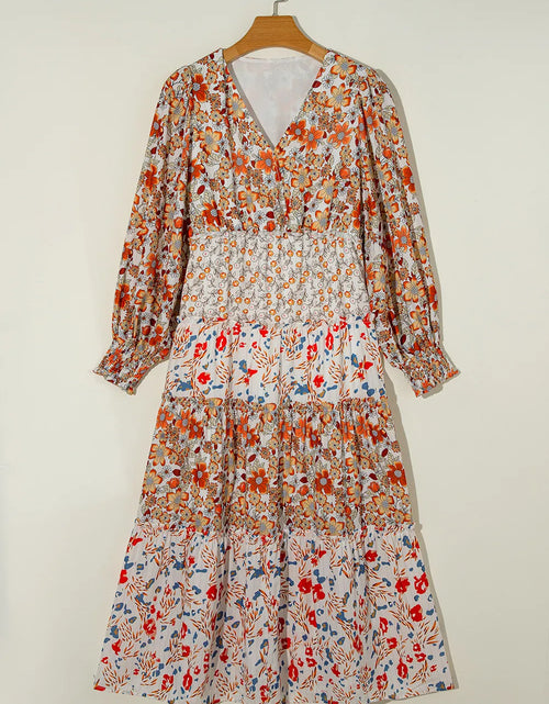 Load image into Gallery viewer, Full Size Printed V-Neck Lantern Sleeve Midi Dress
