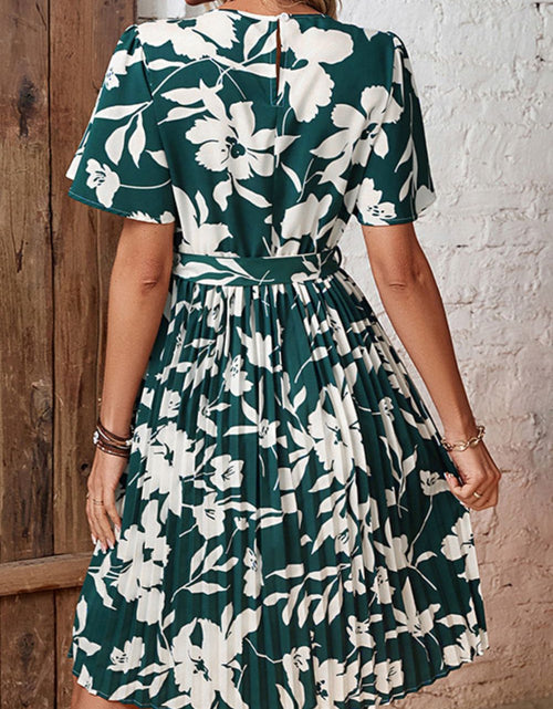 Load image into Gallery viewer, Perfee Floral Round Neck Tie Belt Pleated Dress
