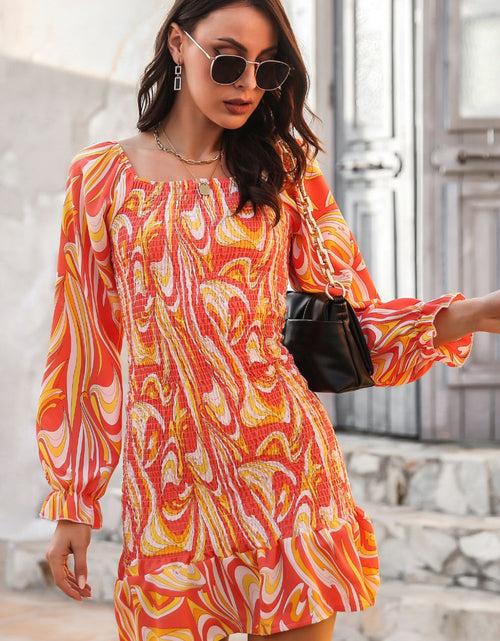 Load image into Gallery viewer, Abstract Print Square Neck Smocked Dress
