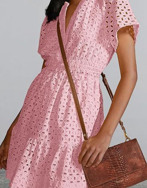 Load image into Gallery viewer, Eyelet Notched Short Sleeve Mini Dress
