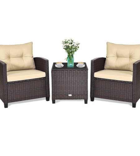 3 Pcs Patio Rattan Furniture Set Cushioned Conversation Set Coffee Table-Beige