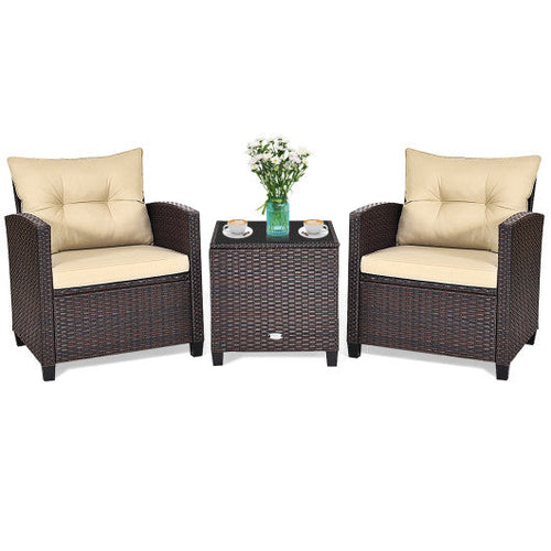 Load image into Gallery viewer, 3 Pcs Patio Rattan Furniture Set Cushioned Conversation Set Coffee Table-Beige
