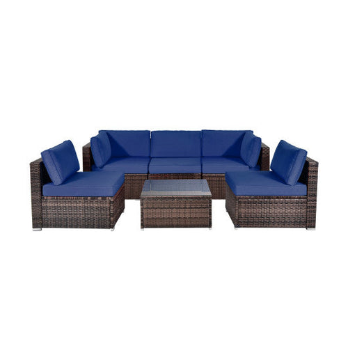 Load image into Gallery viewer, 6 Pieces Patio Rattan Furniture Set with Cushions and Glass Coffee Table-Navy
