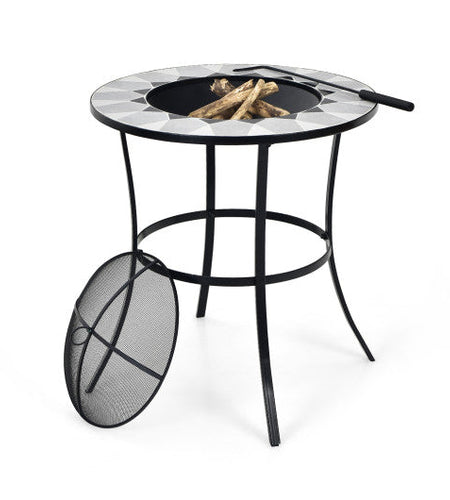 23.5 Inches Round Fire Pit Table with Mesh Cover and Fire Poker