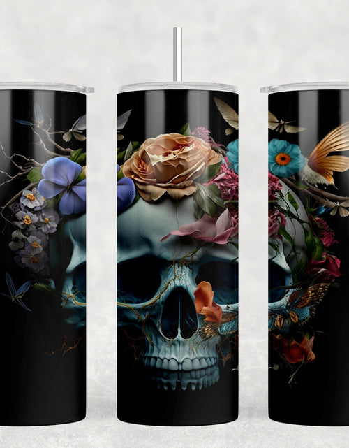 Load image into Gallery viewer, Floral Skull  - 20 oz Steel Skinny Tumbler - Optional Blue Tooth Speaker - Speaker Color will Vary by Rowdy Ridge Co
