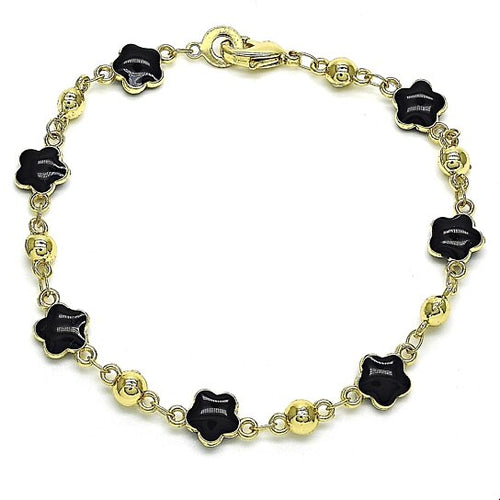 Load image into Gallery viewer, RMZ GOLD NYC 14K Gold High Polish Finish Black Enamel Flower Bracelet 8 Inches Women Teens
