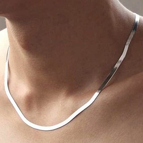 RMZ Gold NYC Italian Unisex 14K White Gold Plated Herringbone Flat Necklace – 24''