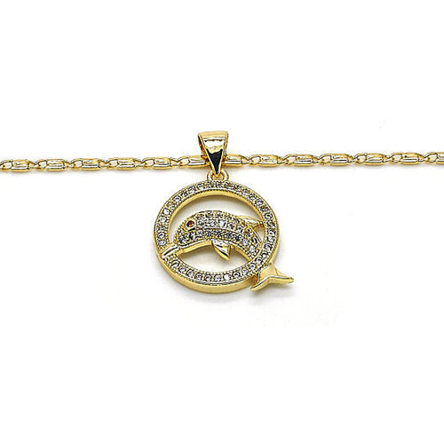 Load image into Gallery viewer, RMZ GOLD NYC Gold Filled High Polish Finish Fancy Necklace, Dolphin Design, with Garnet and White Micro Pave, Polished Finish, Golden Tone
