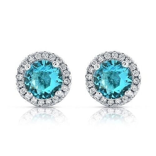 Load image into Gallery viewer, Halo CZ Aquamarine Stud Earrings White Gold
