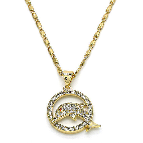 Load image into Gallery viewer, RMZ GOLD NYC Gold Filled High Polish Finish Fancy Necklace, Dolphin Design, with Garnet and White Micro Pave, Polished Finish, Golden Tone
