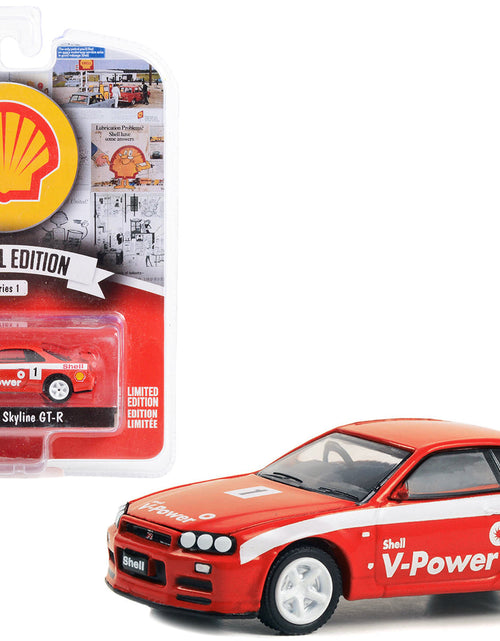 Load image into Gallery viewer, 2001 Nissan Skyline GT-R (R34) #1 Red with White Stripes "Shell Racing" "Shell Oil Special Edition" Series 1 1/64 Diecast Model Car by Greenlight
