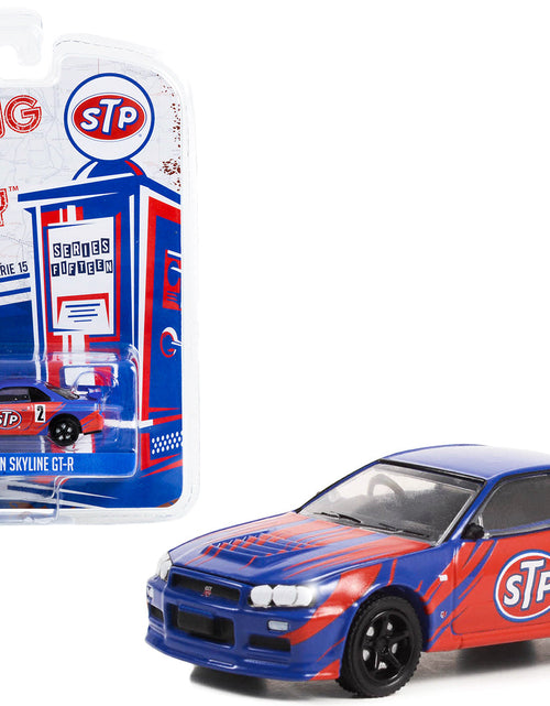 Load image into Gallery viewer, 2002 Nissan Skyline GT-R (R34) #2 Blue with Red Graphics "STP" "Running on Empty" Series 15 1/64 Diecast Model Car by Greenlight
