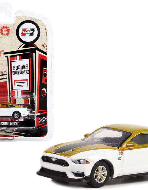 Load image into Gallery viewer, 2021 Ford Mustang Mach 1 White and Gold with Black Stripe "Hurst Performance" "Running on Empty" Series 15 1/64 Diecast Model Car by Greenlight
