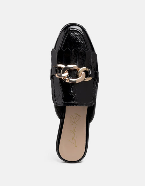 Load image into Gallery viewer, gladioli metal buckled fringe detail mules by London Rag
