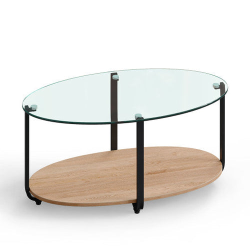Load image into Gallery viewer, 2-Tier Glass-Top Oval Coffee Table with Wooden Shelf for Living Room
