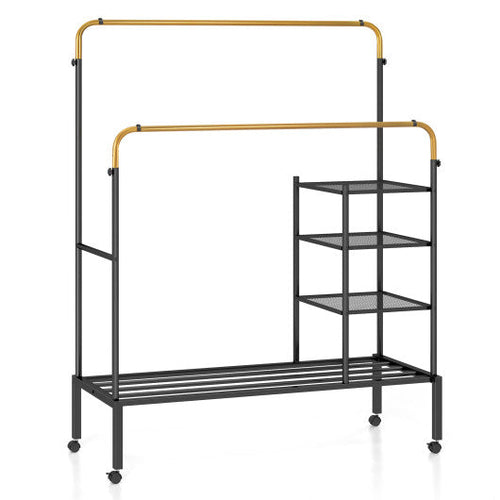 Load image into Gallery viewer, Rolling Double Rods Garment Rack with Height Adjustable Hanging Bars-Golden
