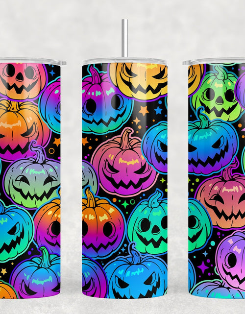 Load image into Gallery viewer, Halloween Neon Pumpkins - 20 oz Steel Skinny Tumbler - Optional Blue Tooth Speaker - Speaker Color will Vary by Rowdy Ridge Co
