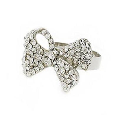 Load image into Gallery viewer, Designer Celebrity Silver and Crystal Diamante 'Heavenly Bow' Adjustable Cocktail Ring by Liberty Charms USA
