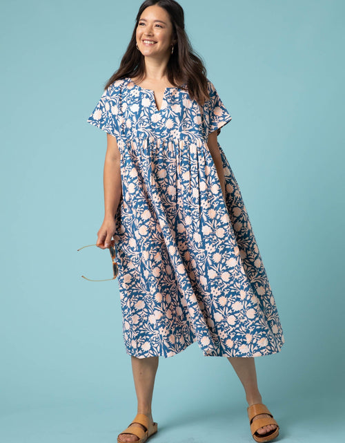 Load image into Gallery viewer, Meadow Dress - Floral Escape in True Navy &amp; Neon Peach by And For Good
