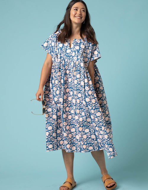 Load image into Gallery viewer, Meadow Dress - Floral Escape in True Navy &amp; Neon Peach by And For Good
