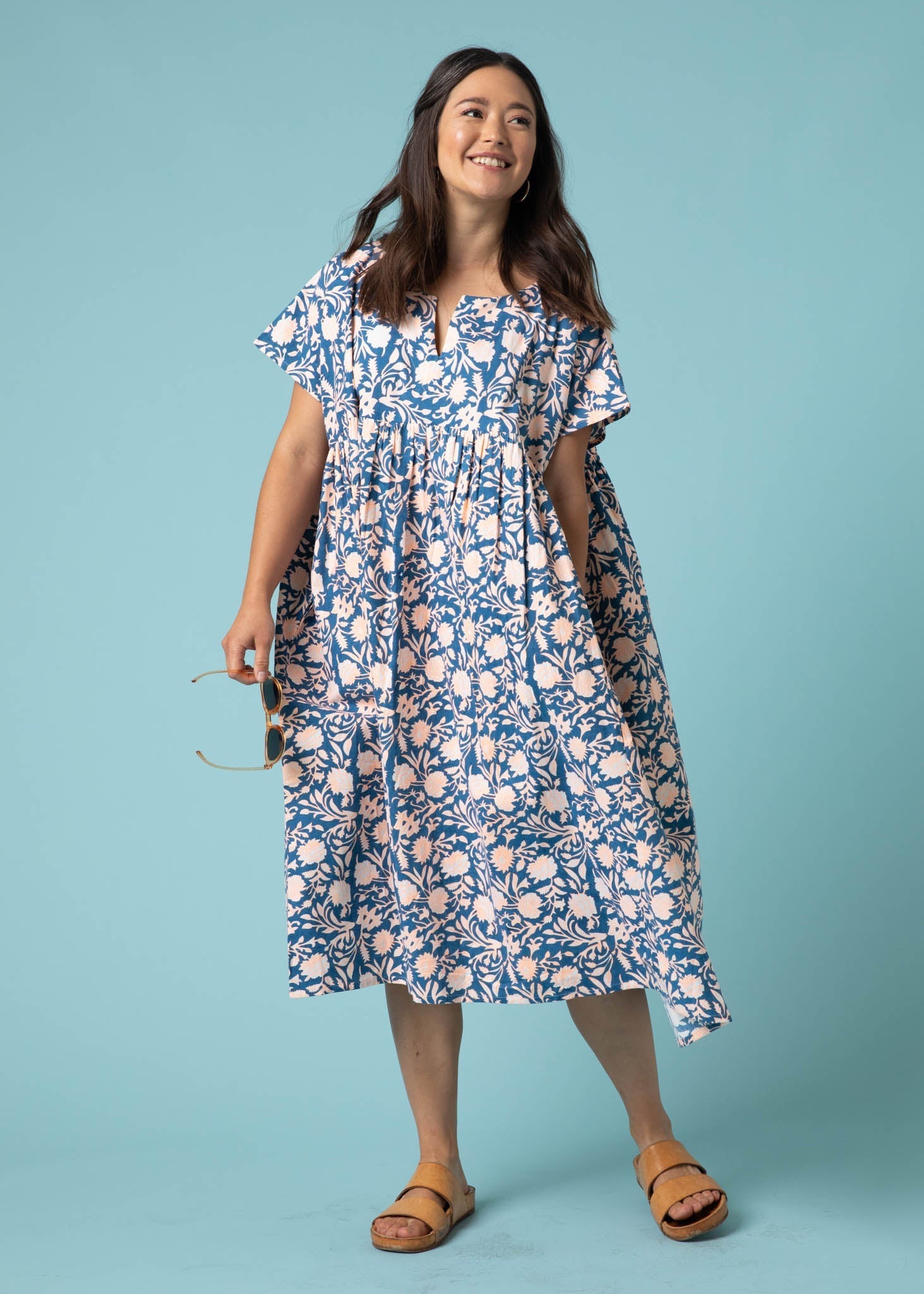 Meadow Dress - Floral Escape in True Navy & Neon Peach by And For Good