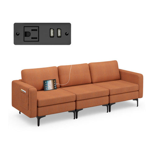 Load image into Gallery viewer, Convertible Leather Sofa Couch with Magazine Pockets 3-Seat with 2 USB Port-Orange
