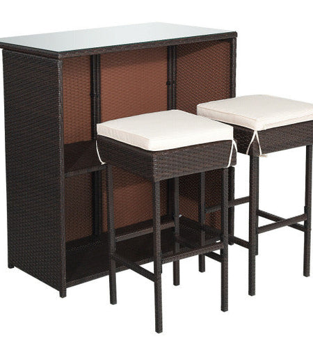 3-piece Rattan Wicker Bar Table Stools Dining Set Cushioned Chairs