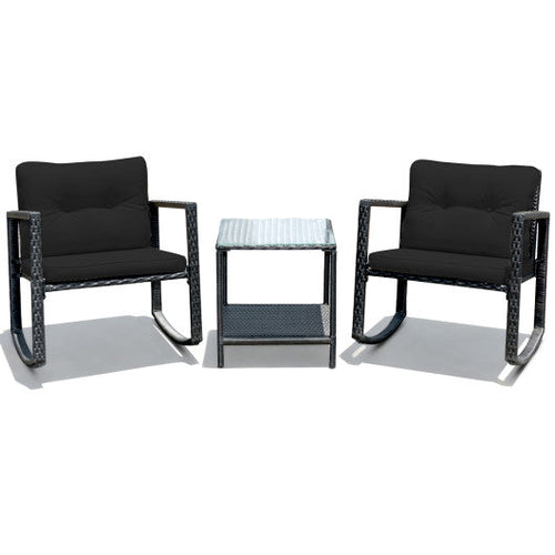 Load image into Gallery viewer, 3 Pieces Cushioned Patio Rattan Set with Rocking Chair and Table-Black
