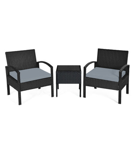 3 Pieces Outdoor Rattan Patio Conversation Set with Seat Cushions-Gray