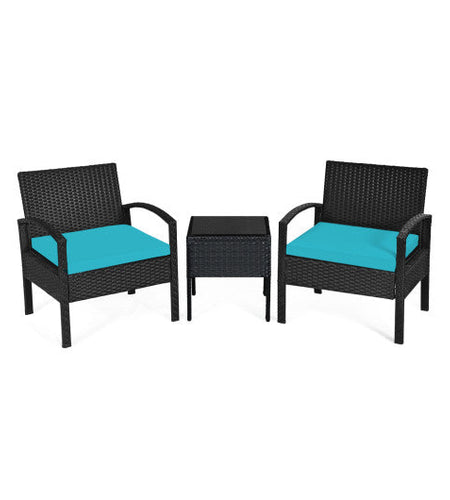 3 Pieces Outdoor Rattan Patio Conversation Set with Seat Cushions-Turquoise
