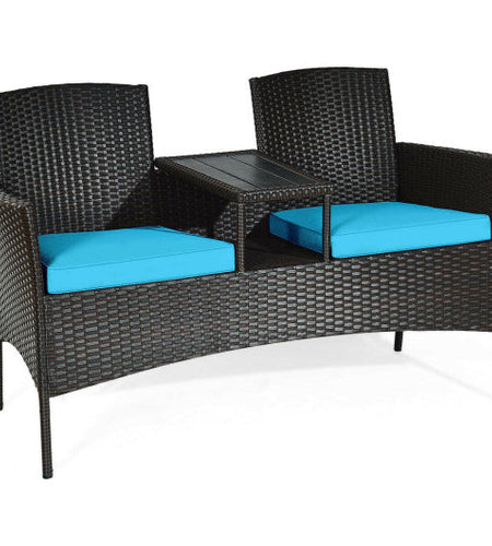 Modern Patio Conversation Set with Built-in Coffee Table and Cushions -Turquoise