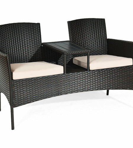 Modern Patio Conversation Set with Built-in Coffee Table and Cushions-Beige