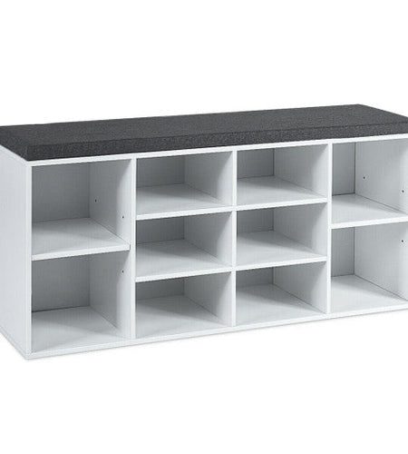 10-Cube Organizer Shoe Storage Bench with Cushion for Entryway-White