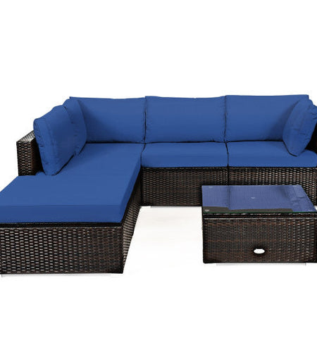 6 Pieces Outdoor Patio Rattan Sectional Sofa Set with Coffee Table-Blue