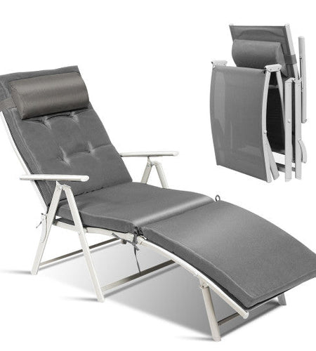 Adjustable Outdoor Lightweight Folding Chaise Lounge Chair with Pillow-Gray