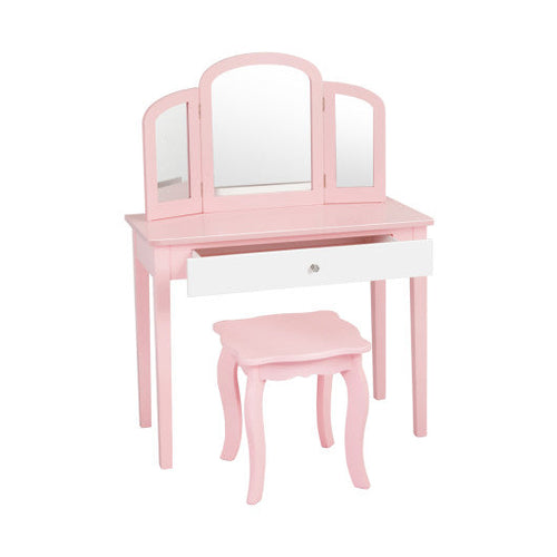 Load image into Gallery viewer, Kids Princess Make Up Dressing Table with Tri-folding Mirror and Chair-Pink
