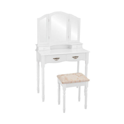 Load image into Gallery viewer, Simple Vanity Set with Tri-Folding Mirror Drawers and Storage Shelf-White
