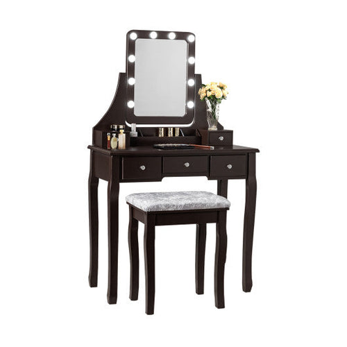 Load image into Gallery viewer, Vanity Dressing Table Set with 10 Dimmable Bulbs and Cushioned Stool-Brown
