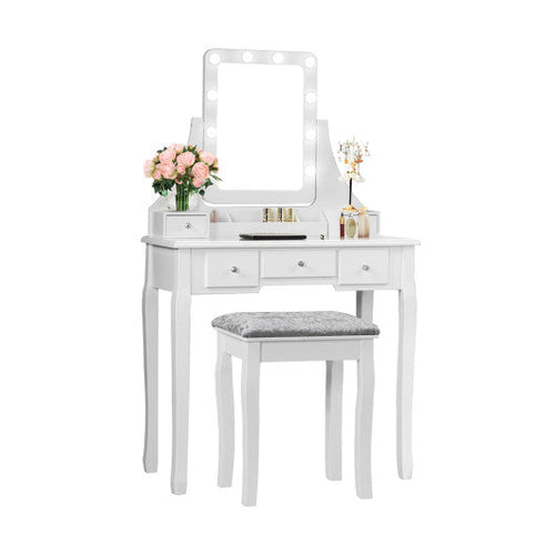 Load image into Gallery viewer, Vanity Dressing Table Set with 10 Dimmable Bulbs and Cushioned Stool-White
